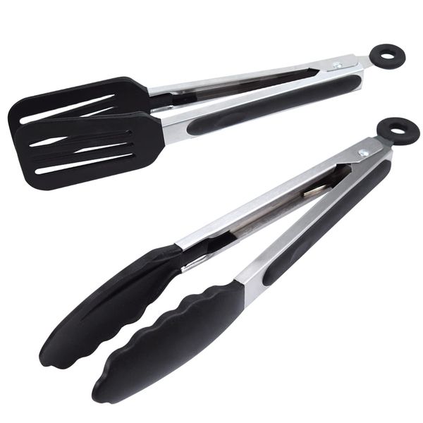 Alimat PluS Kitchen Tongs 9 Inches, Cooking Tongs with Stainless Steel, Silicone Tongs for Serving, Nonstick Food Tongs Set of 2, Black