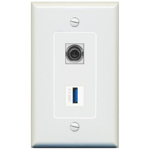 RiteAV 1 Port 3.5mm 1 USB-3 Jack Coupler Female-Female Decorative Wall Plate [Gray]