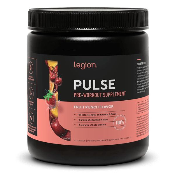 LEGION Pulse Pre Workout Supplement - All Natural Nitric Oxide Preworkout Drink to Boost Energy, Creatine Free, Naturally Sweetened, Beta Alanine, Citrulline, Alpha GPC (Fruit Punch)