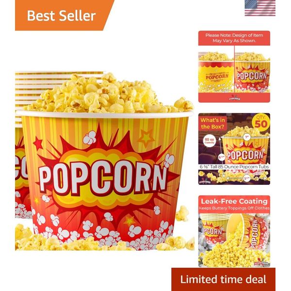Greaseproof, Retro 85oz Popcorn Buckets 50 Pack. Reusable and Durable Pop Cor...