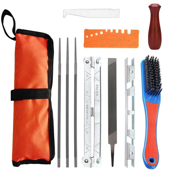 Universal Chainsaw Field Sharpening Kit Chainsaw Chain Sharpener File Kit with 5/32" 3/16" 7/32" Round Files Flat File Wood Handle Filing Guide Pouch Depth Gauge & Wire Brush for Sharpening Chainsaw