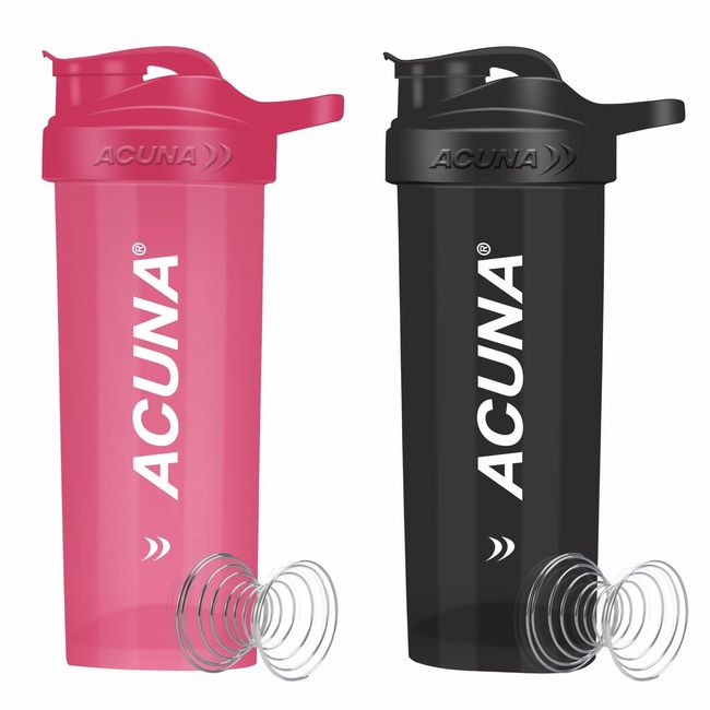 ACUNA Protein Shaker Bottle 700ml Pack Of 2 For HIM & HER, Ideal Gifting For Fitness Lover Pair, Leakproof Flip On Lid- Protein & Supplement Shaker Bottle With Steel Mixing Ball (Pink - Black)