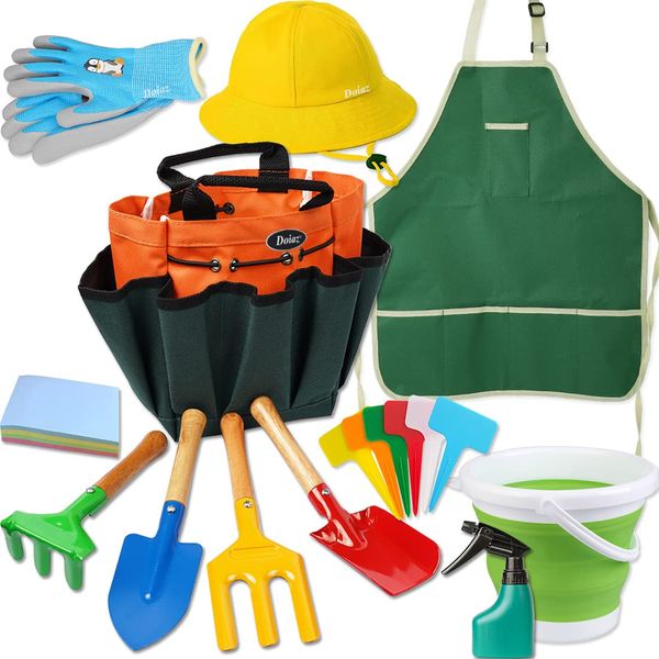 Kids Gardening Set -Real Metal Gardening Tools Kit for Children Includes Sturdy Shovel,Rake,Fork,Trowel,Kid Garden Kit with Sun Hat,Apron,Gloves,Tote Bag,Sprayer and Bucket,Outdoor Gardening Gifts