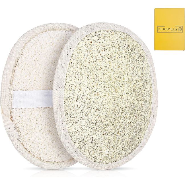 EUROPEAN M6 Loofah Sponge Exfoliating Body Scrubber - Premium Exfoliator Bath Loofa Pads, Made Natural Egyptian Lufas, Luffa Pad for Women and Men, Shower Loofahs and Soft Cotton Materials (2 Pack)