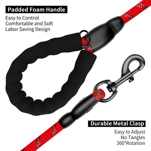 Perperqer Heavy Duty Dog Leash for Large Medium Small Breed Dogs, Reflective Rope Dog leashes with Comfortable Handle,4/5/6 FT Pet Puppy Leash for Night Walking with Poop Bag Holder,Red,1/2 inch