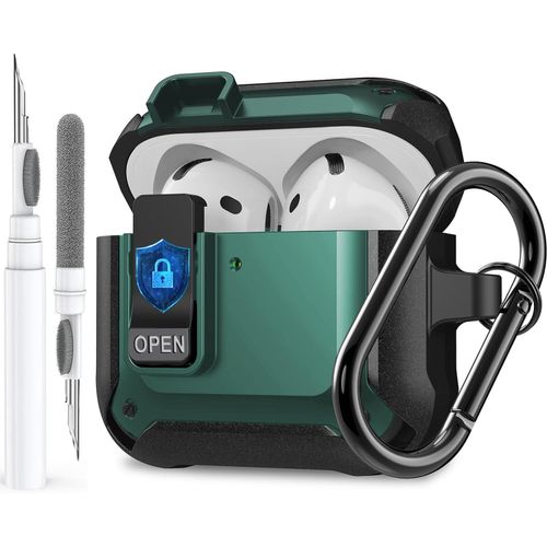 Olytop for Airpods 4 Case Cover with Lock Clip, Rugged Apple Airpods 4th Generation Case 2024 Men Women, Shockproof iPod 4 Gen Protective Hard Shell with Carabiner&Cleaner kit, Black/Green