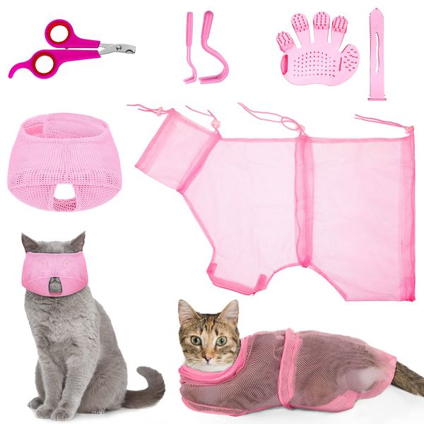 Patelai 5 Pieces Cat Bathing Bag Set Cat Grooming Bag Adjustable Pet Shower Net Bag Cat Muzzles Anti-Bite Anti-Scratch Nail Clipper Tick Remover Tool Massage Brush for Bathing Cleaning(Pink)