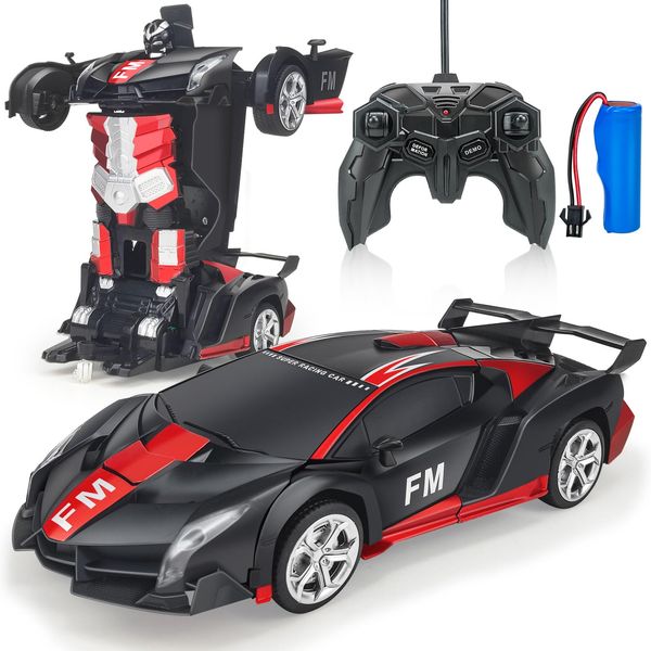 Tcvents Radio Controlled Car Transformation Robot Car Toy, Stunt Car, Electric RC Car, LED Included, 360 Degree Rotation, RC Car, Remote Control, RC Car, Model Car, Birthday, Christmas Gift (Red x Black)