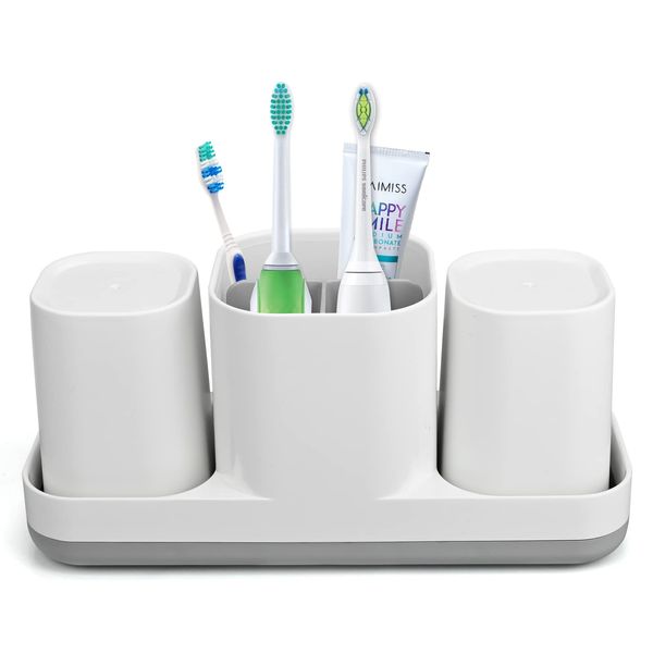 Toothbrush Holder with Tumblers Set, Multifunctional Electric Toothbrush Holder, Toothbrush Caddy Toothpaste Razors Stand for Bathroom Countertop 3 Compartment Storage Box (White)