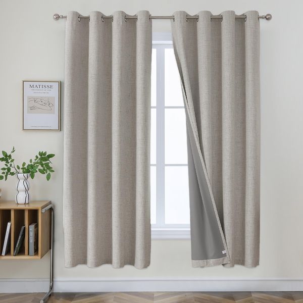 Joydeco 100% Blackout Linen Curtains 72 Inches Long 2 Panels, Thermal Insulated Burlap Curtain & Drapes, Grommet Room Darkening Textured Curtains for Bedroom Living Room (52x72 inch,Greyish White)