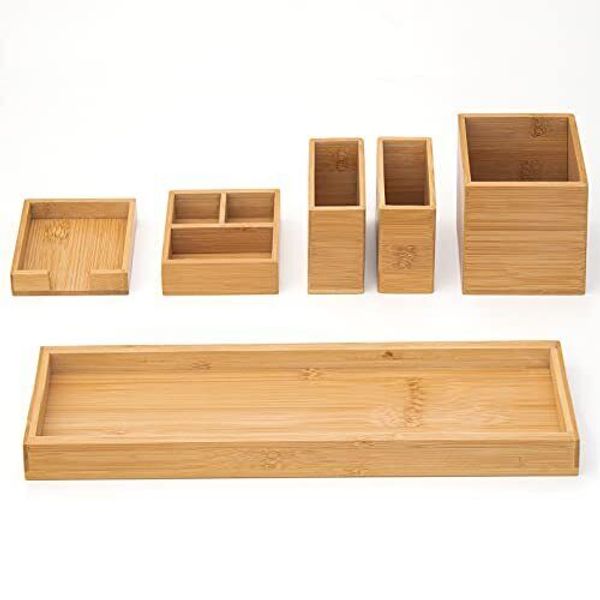 ROCDEER Bamboo Vanity Tray, 6-Piece Bathroom Countertop Vanity Tray Set, Makeup