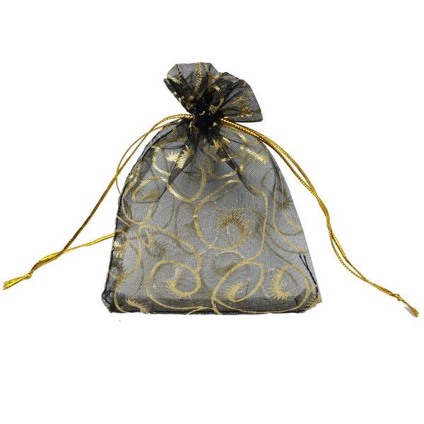 100pcs Sheer Organza Bag Eyelash Print Wedding Favor Bags 3.5x4.5'' Luxury Jewelry Candy Gift Card Bags with Gold Line Drawstring Pouches (Black)