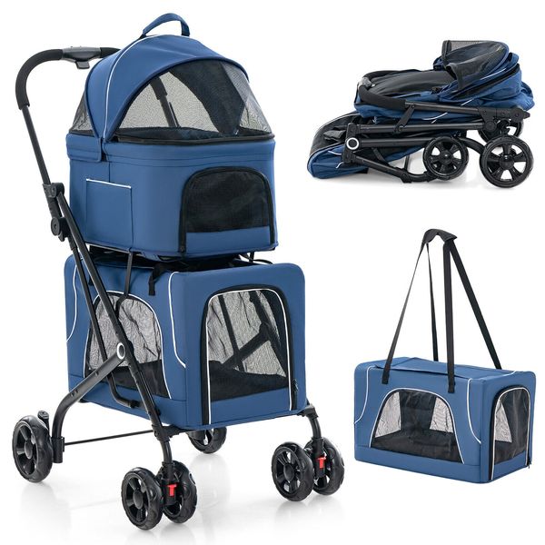 Double Pet Stroller for 2 Dogs or Cats w/ 2 Detachable Carriers Safety Belt Blue