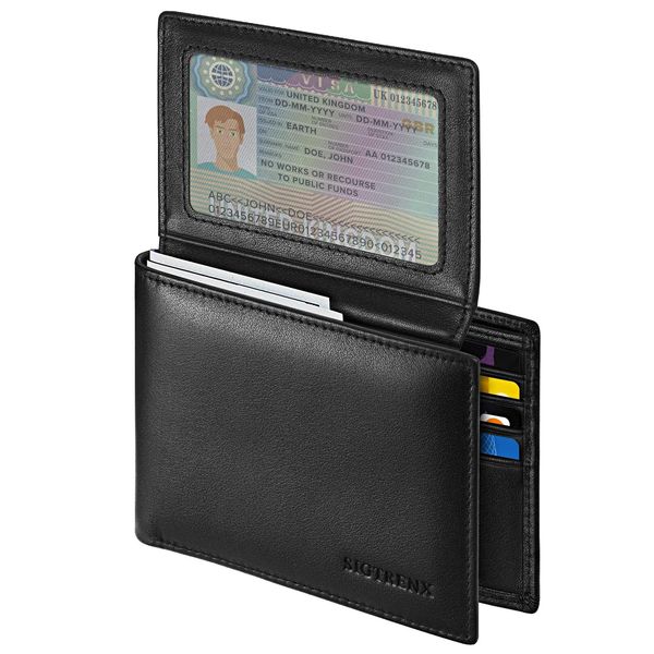 Sigtrenx Leather Wallets for Men, Genuine Leather Mens Wallets Bifold, Rfid Blocking Mens Wallet with 2 ID Windows (Black)