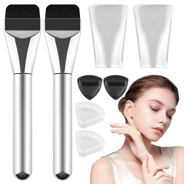 2 Stück Ultra Thin Foundation Brush, Flacher Foundation Pinsel, Makeup Pinsel-Set mit 2 Puderquaste, Wiederverwendbar Concealer Pinsel für Cremige, Foundation, Concealer