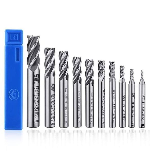 ASNOMY 10pcs 4-Flute End Mill Set, Metric CNC Milling Cutter Drill Bits Router Bits Cutter Tool Set for Wood Aluminum Steel Titanium, Straight Shank 2-12mm