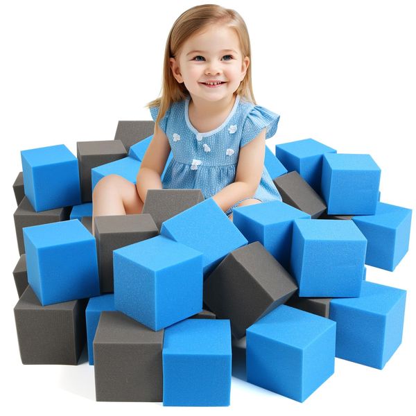 ZMCYER Foam Pit Cubes Blocks - 24PCS Sponge Form Cubes for Foam Ball Pits, Gymnastics, Freerunning and Parkour Courses, Skateboard Parks, BMX, Trampoline Arenas-Deep Blue+Dark Grey(5" x 5" x 5")