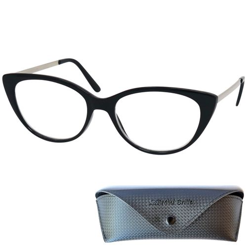 Mini Brille Cat Eye Blue Light Blocking Reading Glasses, FREE Case, Plastic Frame (Black) with Metal Temples, Women Anti Blue Light Filter +1.50 Magnification