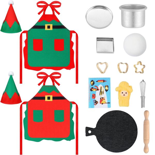 Hungdao Christmas Elf Accessories Mini Elf Doll Baker Outfit Set Include Apron Hats Rolling Pin Egg Cookie Tray Set Mixing Bowl for Xmas Elf Doll Decorations, Doll is Not Included (Classic Style)