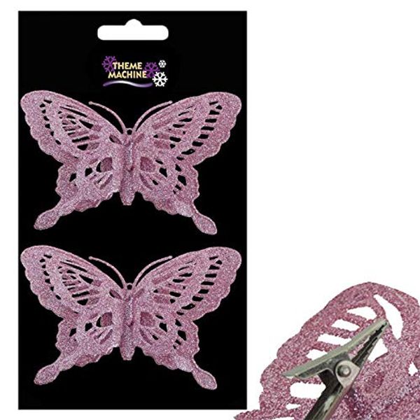 Christmas 2 Pack Clip on Glitter Butterfly Tree Decoration - Pink