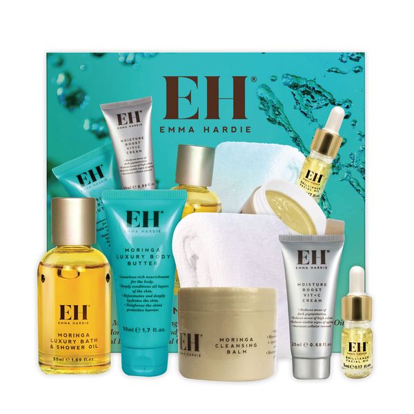 Emma Hardie Amazing Travel Kit - 30g Moringa Cleansing Balm, 50ml Moringa Luxury Bath & Shower oil, 50ml Moringa Luxury Body Butter, 20ml Moisture Boost Vit C Cream, 5ml Brilliance Facial Oil 5ml.