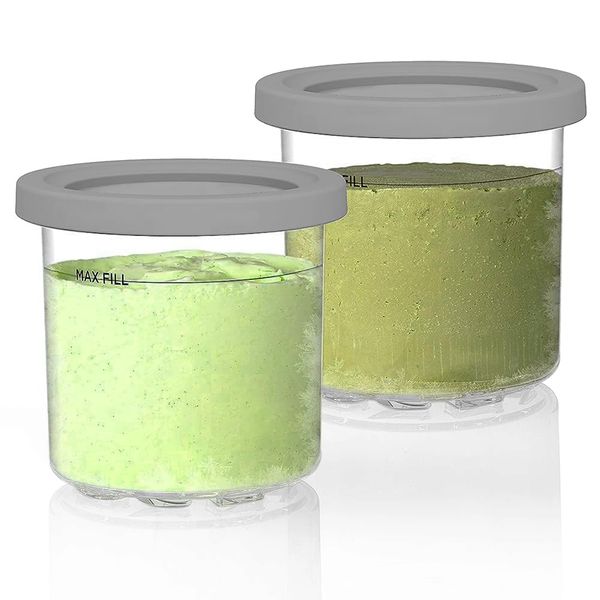 AUMUA Replacement Tubs & Lids for Ninja CREAMi Ice Cream Maker - Extra Pint Containers Jars Compatible with Ninja Creami NC300UK NC300UKCP NC301UK NC299AMZ Series (2 Pack - Grey/Clear)