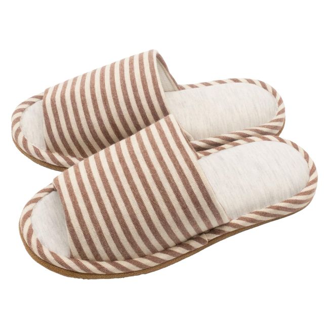 Okumura Slippers, Washable Heathered Knit Border, L, Brown, AAAA6012BR Machine Washable, Simple Gentle Heathered Knit