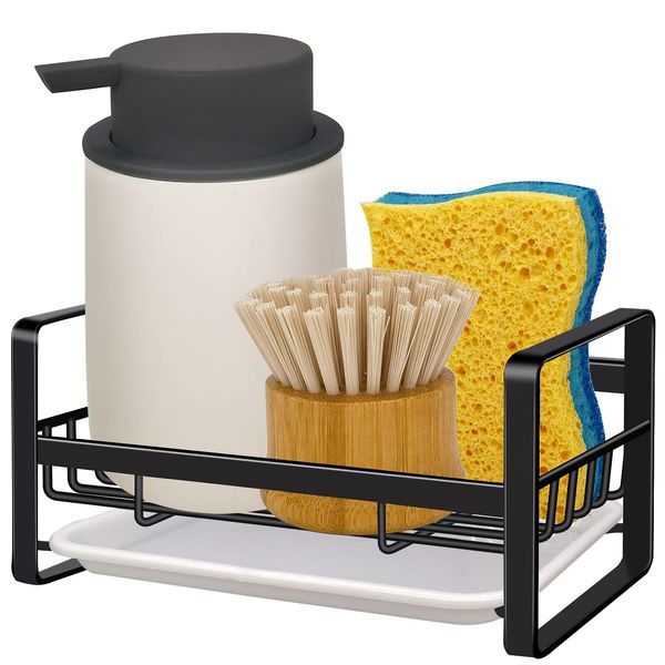 VANTEN Kitchen Sink Caddy Sponge Holder Sink Organizer, Sink Tray Drainer Rack, Soap Dish Dispenser Brush Holder Storage Accessories -Countertop or Adhesive