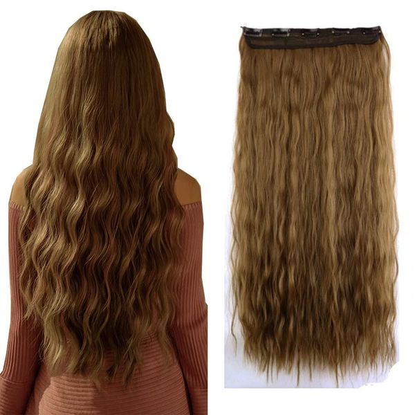 iLUU Synthetic Hair Extensions 5Clips Ins Deep Corn Wave Hairpiece 110gram/3.88oz 24Inch #10 Light Brown Heat Resisent Natural Fiber Clip in Hair Extensions for Women Girl Thin Hair