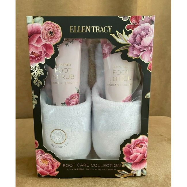 Ellen Tracy Radiant Orchid Foot Care Collection Cream Scrub & Slippers gift set