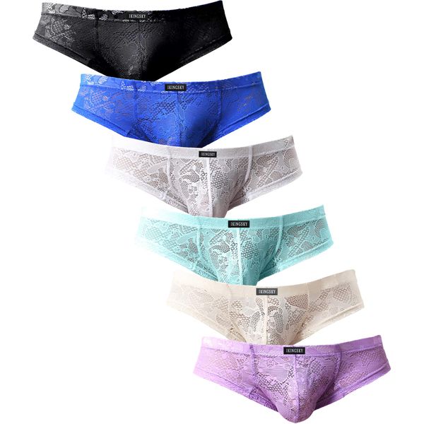 IKINGSKY Men's Cheeky Boxer Briefs Sexy Thong Underwear Breathable Lace Mens Panties (Large, 6 Pack)