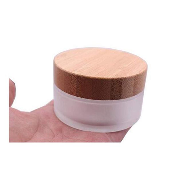 VASANA 100g/100ml/3.4oz Frosted Glass Cosmetic Cream Jar Bottle Refillable Glass Face Cream Pot Cosmetics Container with Bamboo lids and Inner Liners for Travel DIY Sample Eyeshadow Essential Oils