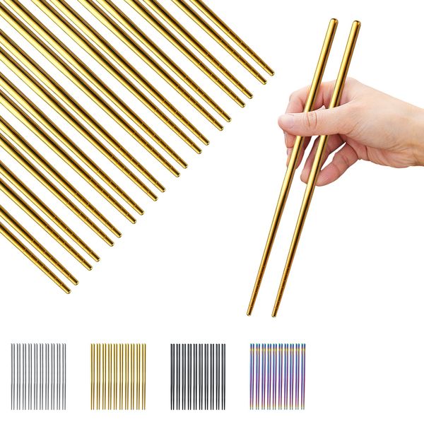 Evanda Gold Chopsticks 10 Pair Reusable Chop Sticks Metal Chopsticks, Stainless Steel Golden Titanium Plating Chopstick Easy Clean Dishwasher Safe