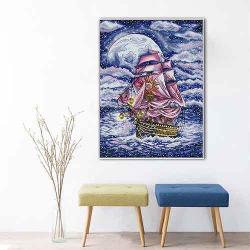 CROSSDECOR Stamped Cross Stitch Kits Full Range of DIY Needlepoint for Adult Beginners Sailing under The stars Pattern, for Gift and Home Decor 14CT 2 Strands 13.7×17.3 inch