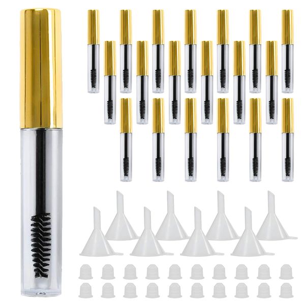 Comicfs 20 Pcs 4ml Transparent Reusable Empty Bottle Tube Container Makeup Vials Cosmetic Tool for Eyelash Growth Oil/Mascara with Rubber Inserts 8 Pcs Funnels (Gold)