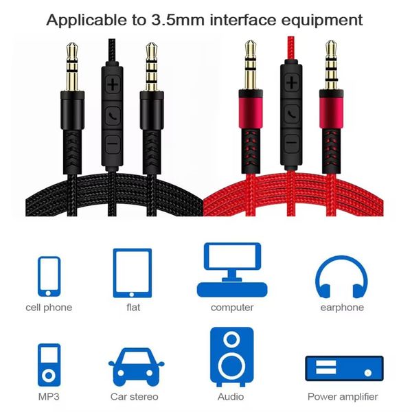 1.2m-4ft audio 3.5mm Nylon Braided AUX Cable Luxury Flexible Replacement Studio Headphone/Headset Audio Lead Cable with In-Line Remote Microphone Volume Control for iphone, Samsung, Headphone, Laptop