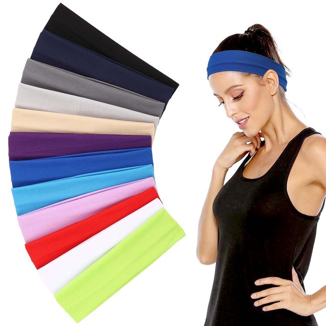 COMNICO Stirnbänder für Damen, 12 Stück Polyester rutschfest Elastisch Schweiß-Haarbänder Weicher Stoff Stretch Breit Kurze Haarbänder-Sets für Mädchen Yoga, Workout, Laufen, Sport