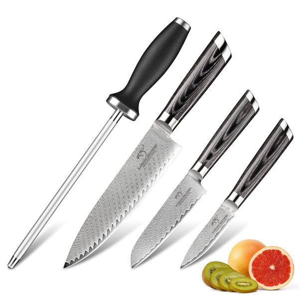 Nanfang Brothers VG10 Steel Core + Damascus Steel 4-Piece Set, "Gyutou Knife, Small Santoku Knife, Petty Knife, Sharpener Stick" Cut, Meat, Vegetables, Fruits, Cookware, Multi-functional, Home Use, Commercial Use, Professional Use, Dishwasher Safe