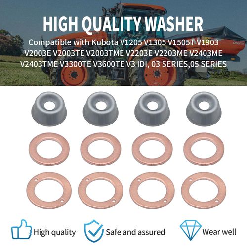 laffoonparts 4Pcs Injector Seal Kit With Heat Shield 19077-53650 1907753650 15841-53622, Replacement for Kubota D662 D722 D782 D902 D905 D1005 D1105 D1305 D1403 D1503E D1703E D722 D905 D1005