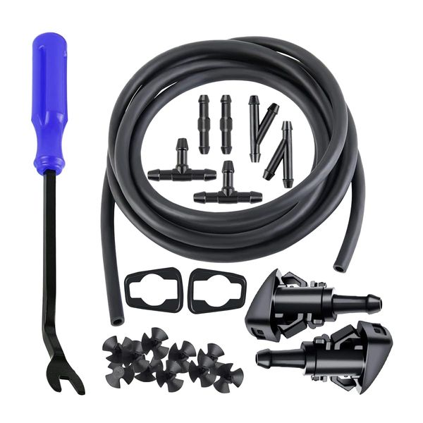 AUCELI Windshield Washer Hose Kit 22 Pcs Set, 4M Washer Fluid Hose, 6 Pcs Hose Connectors, 2 Fan Nozzles, Connect Car Water Pump and Nozzles Suitable for Most Car Windshield Fluid Tubing