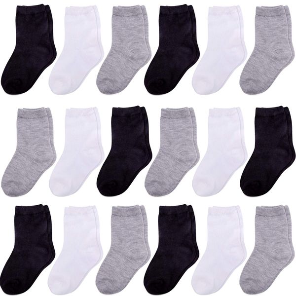 Duufin 18 Pairs Toddler Crew Socks Kids Mid Cut Half Cushion Socks Breathable Unisex Toddler Socks for Baby Girls and Boys, Black White Grey, 1-2 Years