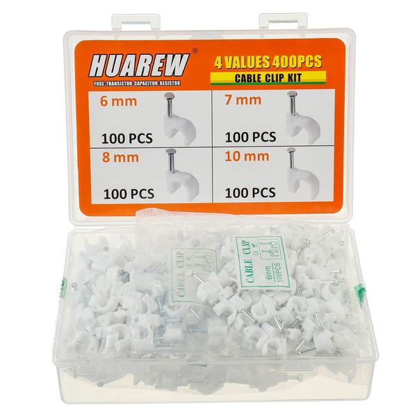 HUAREW 4 Sizes 400 Pcs White Plastic Steel Nail Cable Clips Apply to RG6 RG59 CAT5 CAT6 Ethernet/TV Wire/Telephone/Led Starlight/Print Cable Round Management Cable Wire Clips 6/7/8/10 mm