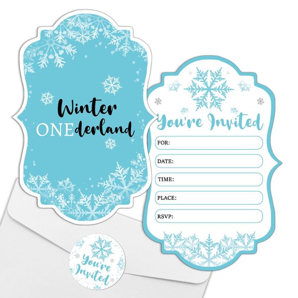 REWIDPARTY Winter Onederland Party Invitations with Envelopes & Stickers（Set of 15） Blue Snowflake Shaped Fill-in Invitations Boy 1st Birthday Party Invites Winter Wonderland Holiday Party Supplies