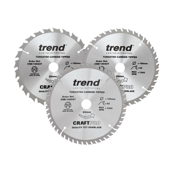 Trend Wood Cordless Circular Saw Blades, 165mm Diameter, 20mm Bore, 24, 40 & 52 Teeth, TCT, 1.5mm Kerf, +15° Hook, CSB/165/3PK/B