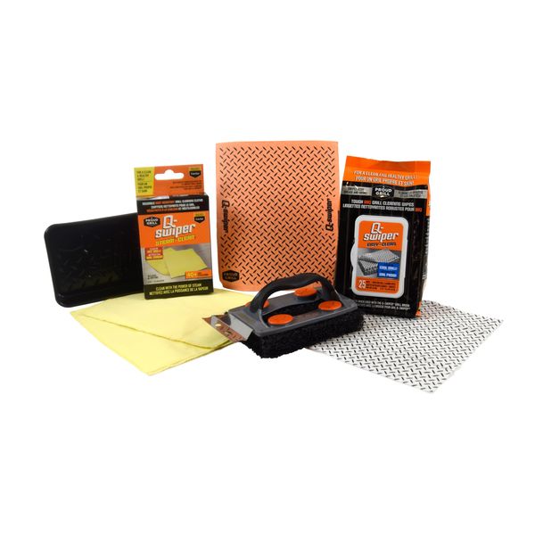 Q-Swiper Griddle Cleaner Kit. Ideal Blackstone Griddle Accessories Cleaner Kit. Flat Top Griddle Cleaning Tool, Built-in Scraper and Wipes & Cloths. Cleans Griddle Hot or Cold + Exterior Cloth.