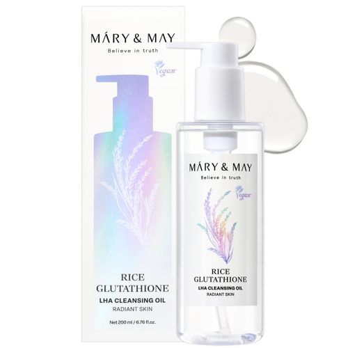 Mary&May Rice Glutathione LHA Cleansing Oil - Deep Pore Cleansing, Blackhead & Whitehead Removal - Korean Makeup Remover with Rice Bran Oil, Gentle Exfoliation, Clean Beauty, 6.76 fl.oz.