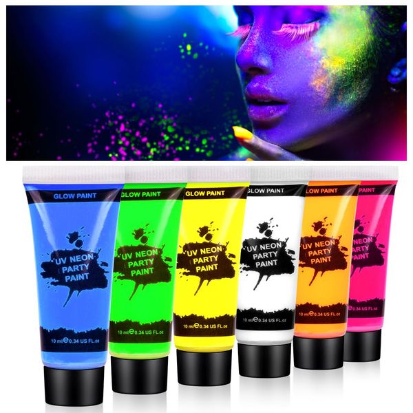 AOOWU UV Body Painting, 6 Colours Children's Make-Up Colours, Black Light Set, Face Paint and Body Colour Make-Up, UV Colour Make-Up for Carnival Make-Up Fancy Dress