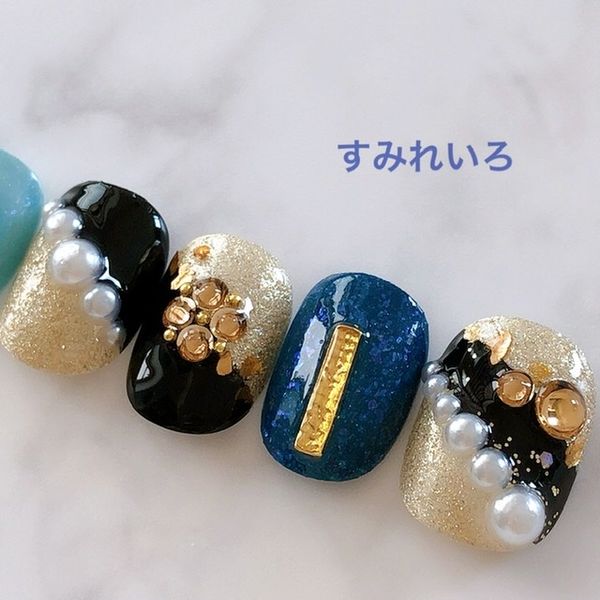 Nail tip ♪ Size order nail tip ♪ Art nail tip ♪ Coming-of-age nail tip, bridal nail tip, wedding nail ☆♪ Compatible with Japanese pattern nails, kimono, kimono, yukata, long-sleeved kimono/oval/round ●Black Lamé blue pearl line with pure silver