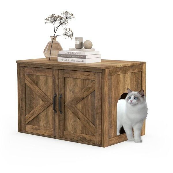 Flip Top Hidden Cat Washroom W/ Barn Doors & Removable Divider Pet Cat Furniture