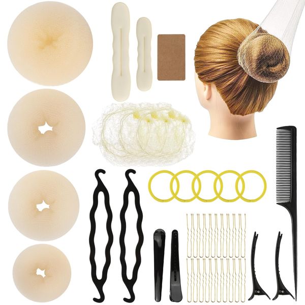 Jwogngls Frisurenhilfe Set, 39 Stück Frisuren Zubehör mit Duttkissen Donut Hair Bun Maker Set, Elastischen Haarband, U-Form Haarspange Haarnadel, Haarnetz Hair Accessories für Kinder Mädchen Frauen